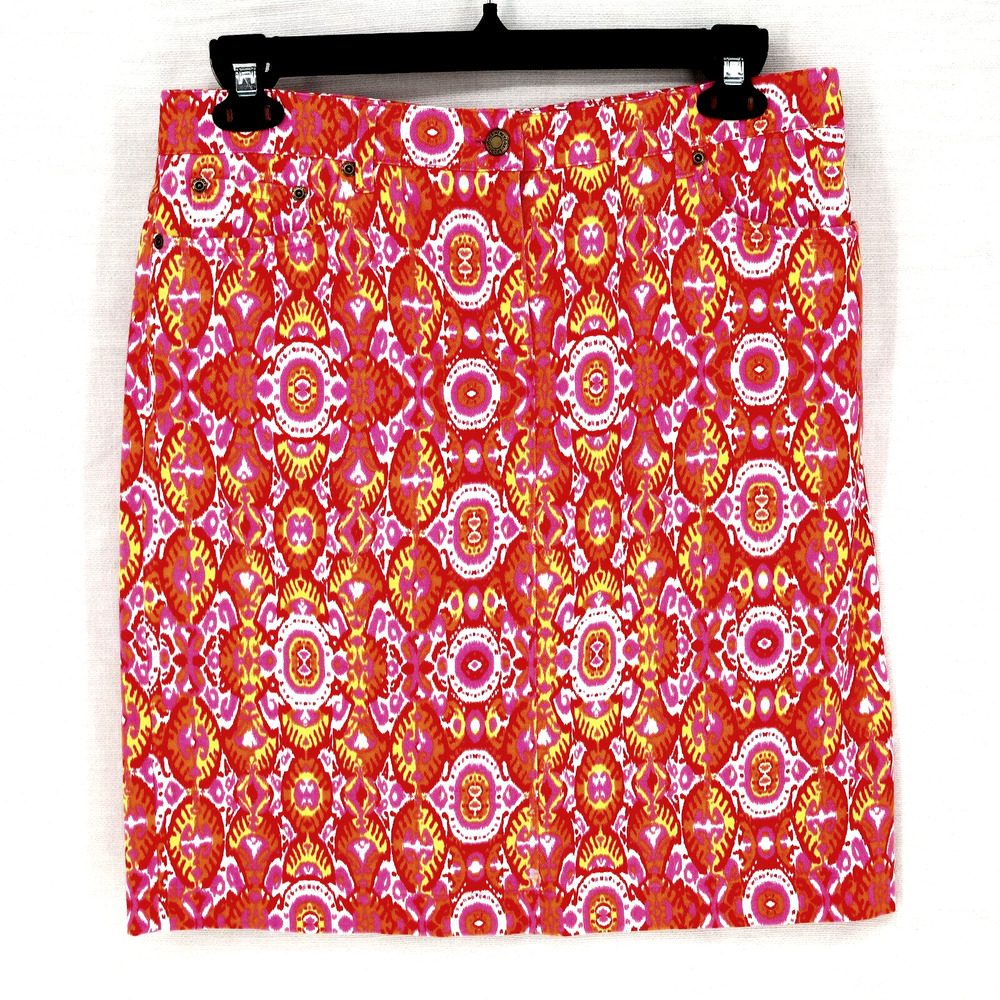 Jones NY Sport Skirt Womens 10 Pink Orange White Ikat Stretch Denim Whimsy Beach